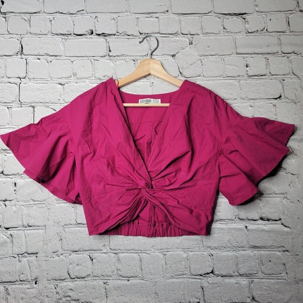 Vintage Zara 100% Cotton Fuchsia Pink Flare Sleeve Knotted Front Crop Top Size S